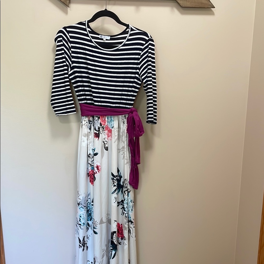 Striped Floral Maxi Dress with Purple Sash